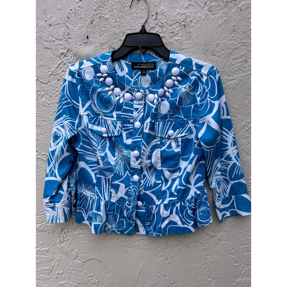 Linear Blue White Floral Peplum Jacket Beaded Neckline Petite Small PS